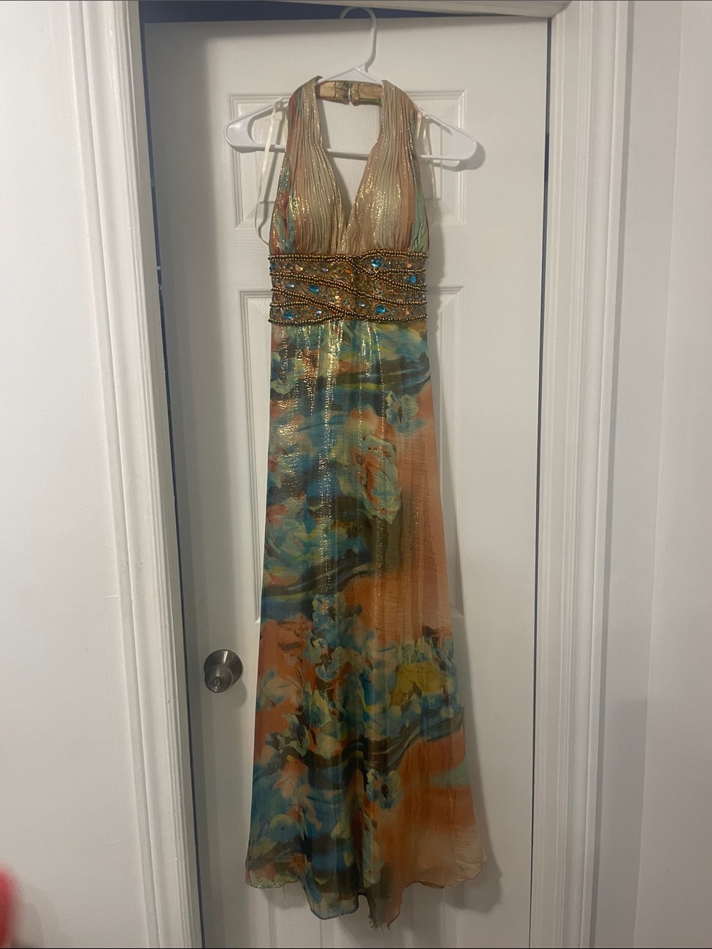 Embellished Halter Maxi Dress in Multicolor Blue-Tan